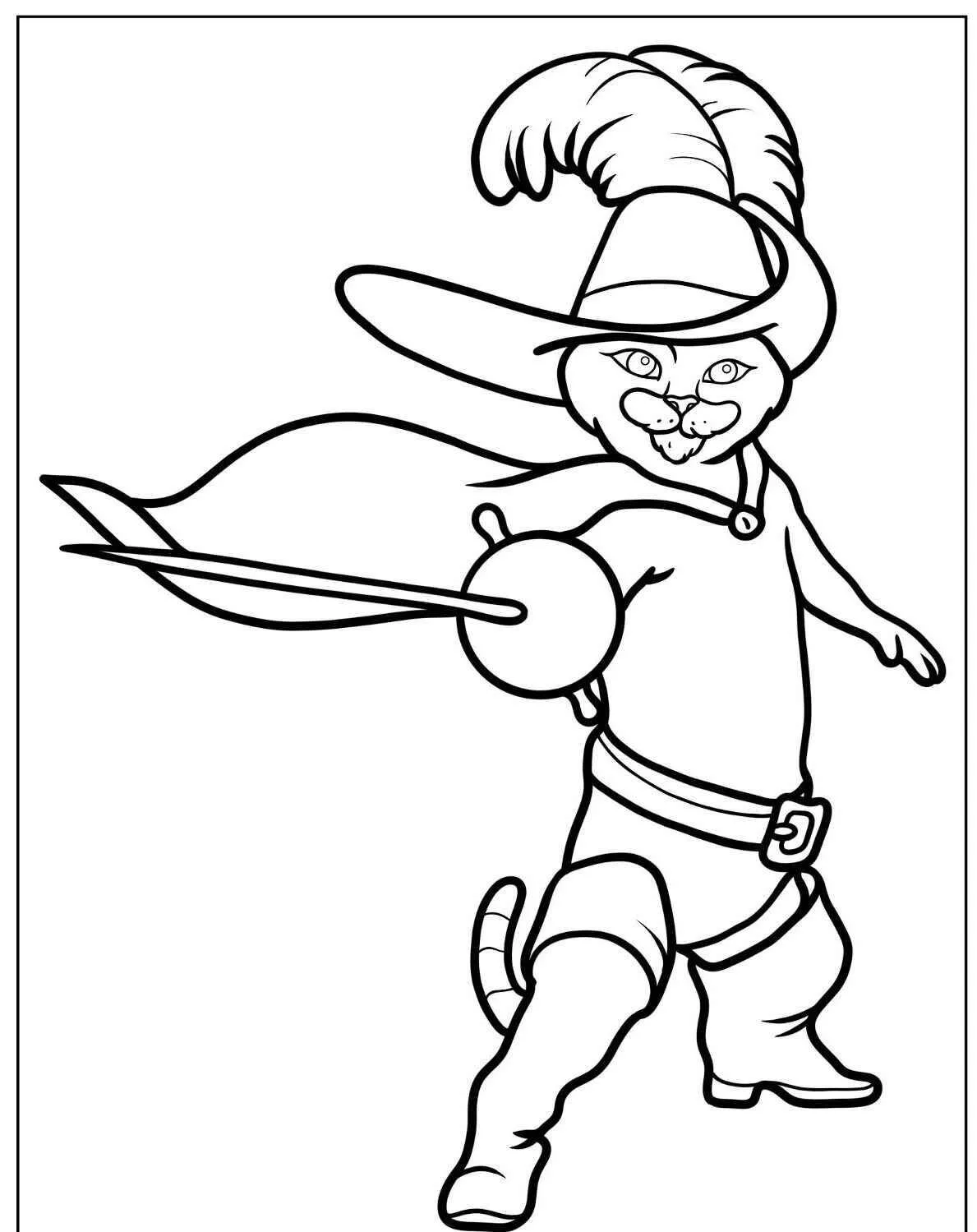 Desenho de Gato Espadachim com Chapéu para Colorir