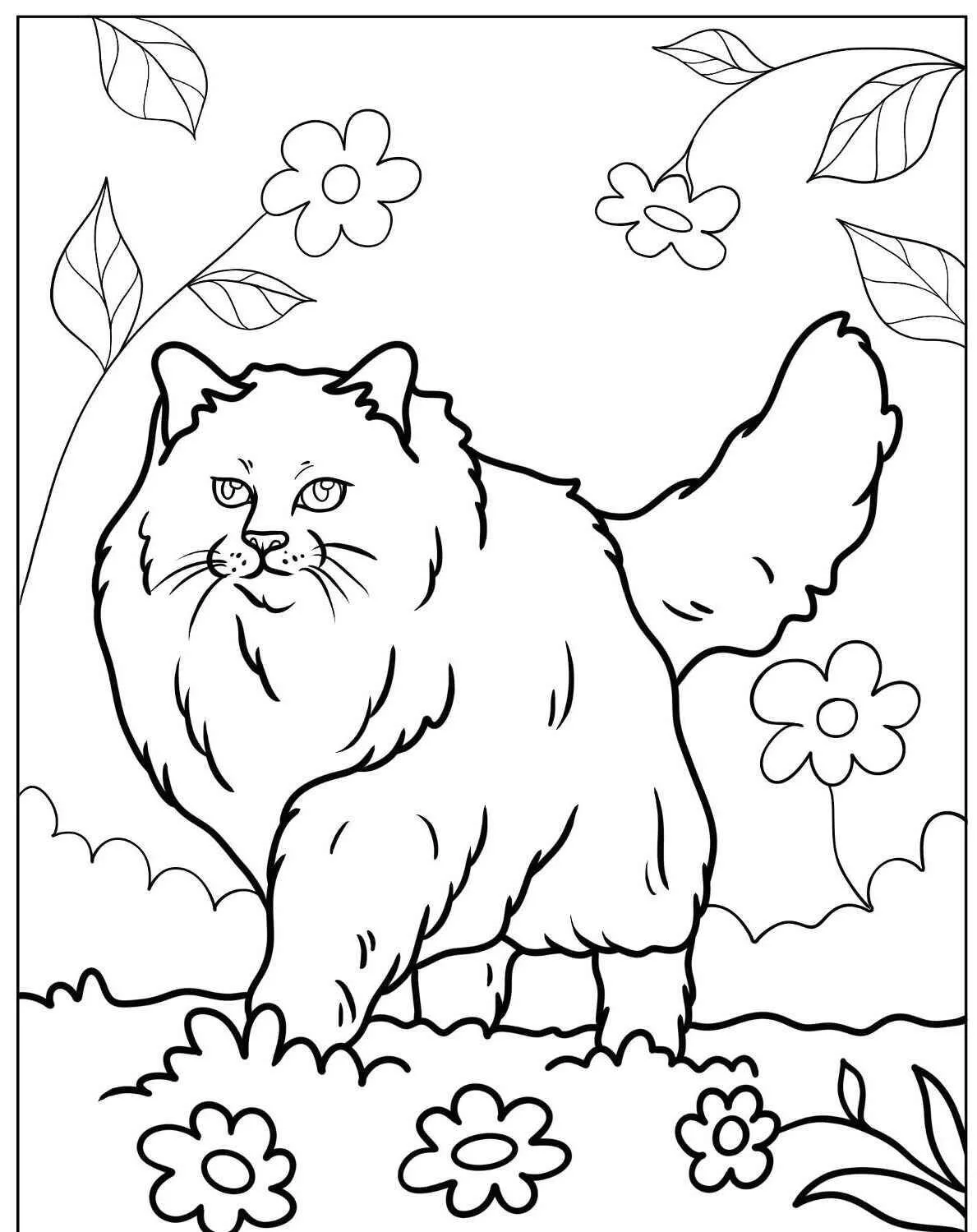 Dibujo para colorear de gato peludo caminando entre flores