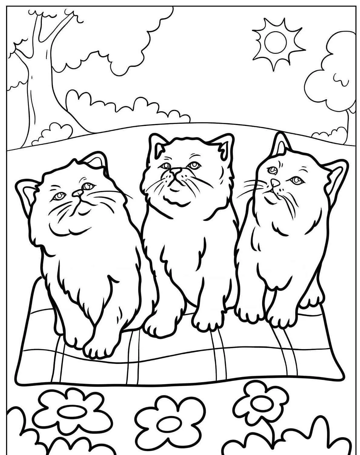 Desenho de Três Gatos Sentados em um Tapete para Colorir