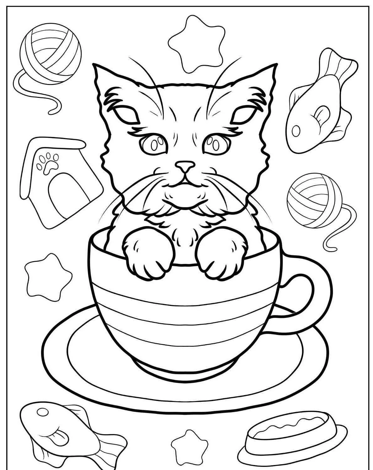 Desenho de Gatinho Dentro de uma Caneca para Colorir