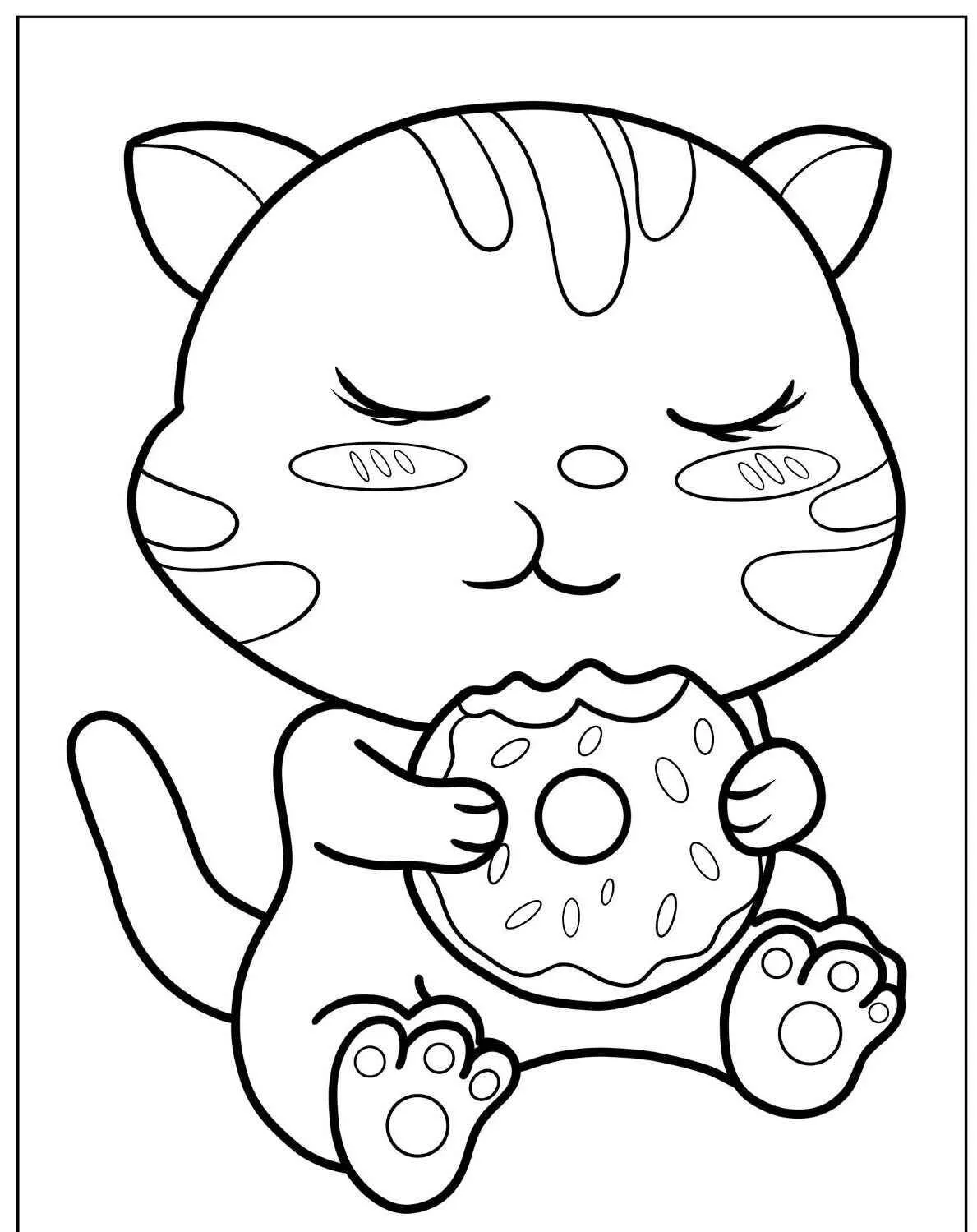 Desenho de Gatinho Feliz com Donut para Colorir