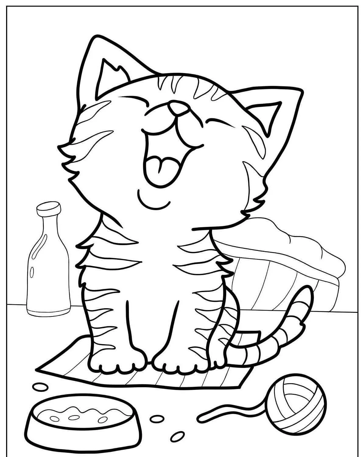 Desenho de Gatinho Feliz Brincando com Novel de Lã para Colorir