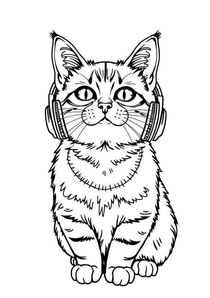 Desenho de Gato com Fones de Ouvido para Colorir