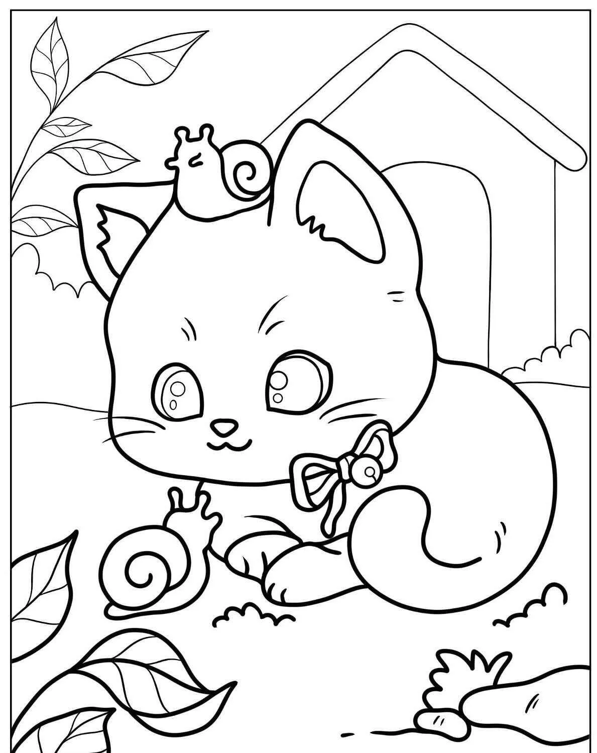 Desenho de Gatinho Brincando com Caracóis para Colorir