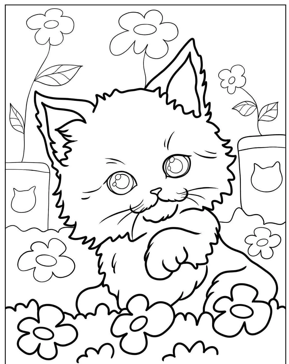 Gatito jugando entre flores Dibujo para colorear