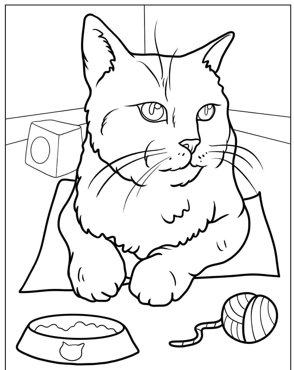 Desenho de Gato Fofo com Tigela de Ração e Novel de Lã para Colorir