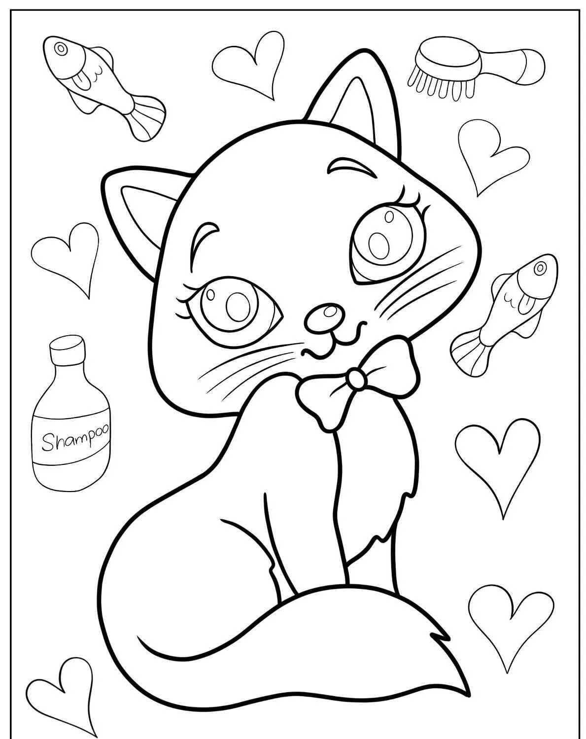 Dibujo para colorear un gatito con lazo y pez.