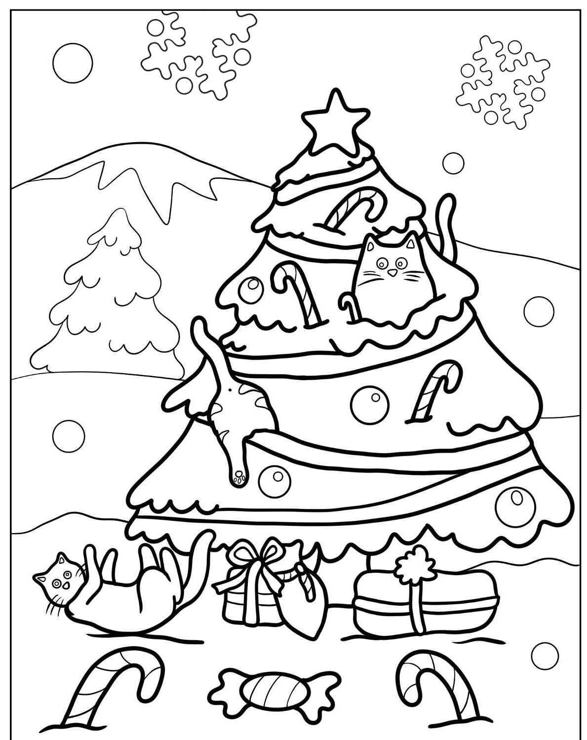Gatos jugando en un árbol de Navidad Dibujo para colorear