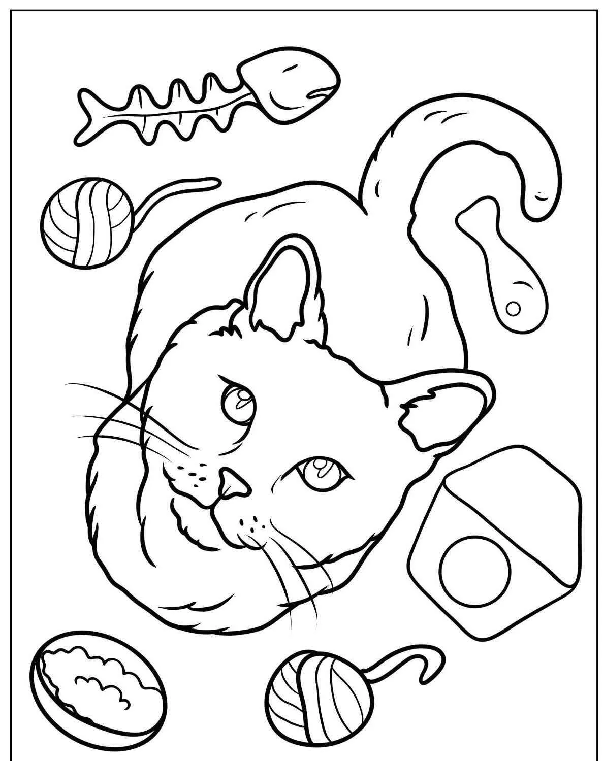 Desenho de Gato Fofo com Brinquedos para Colorir