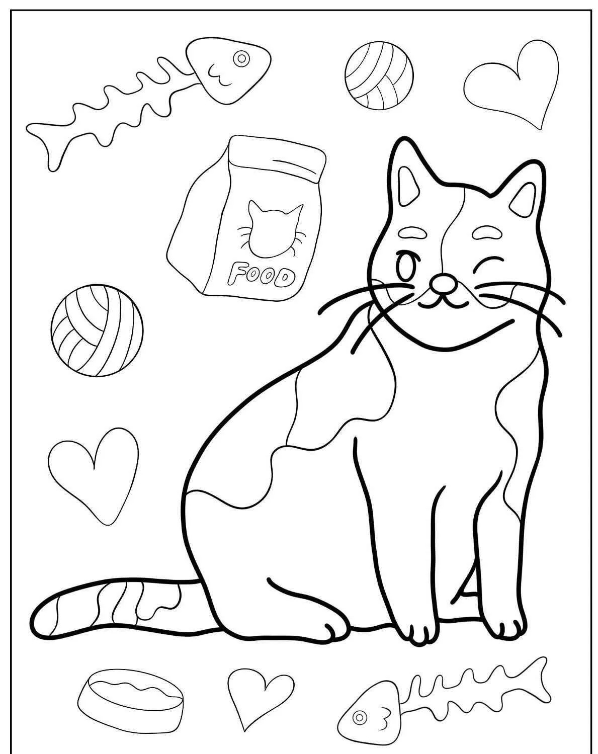 Desenho de Gato Brincando com Brinquedos e Comida para Colorir