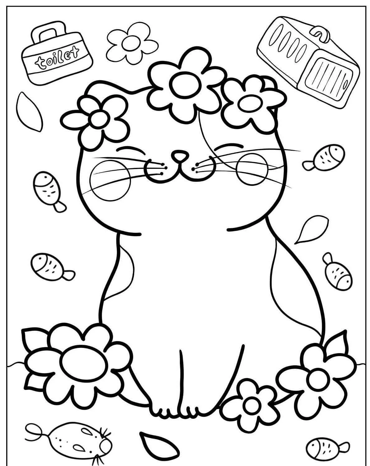 Desenho de Gatinha Feliz com Flores na Cabeça para Colorir
