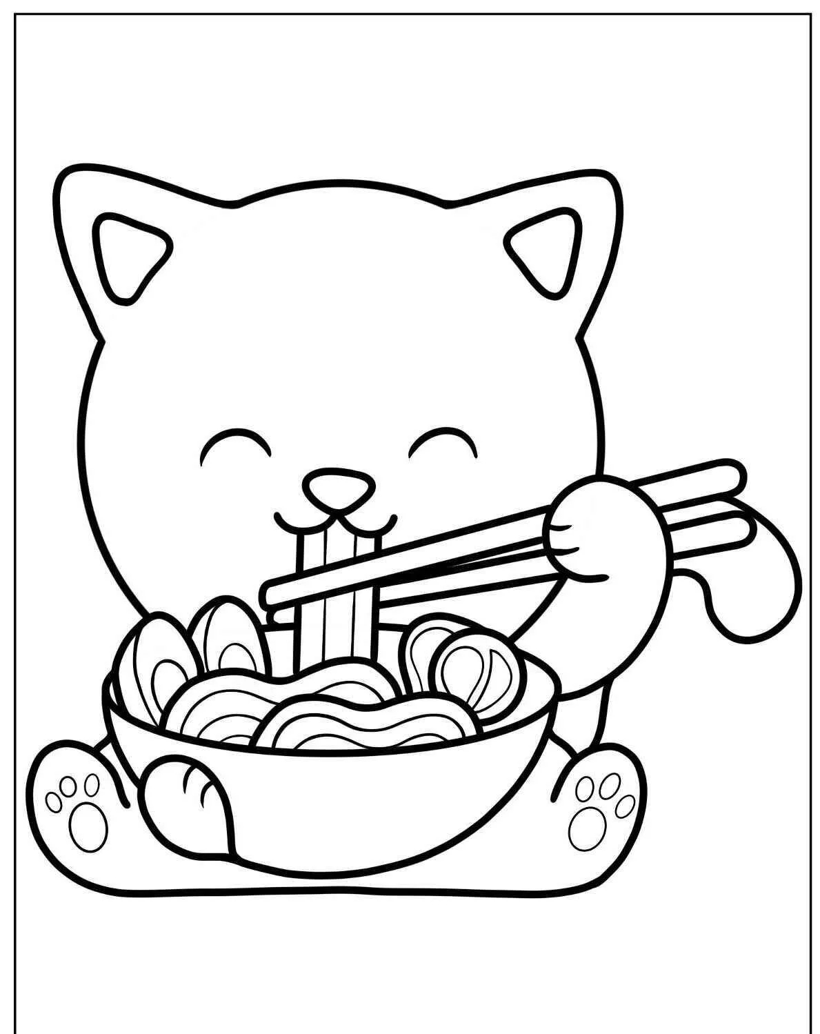 Desenho de Gatinho Comendo Macarrão para Colorir