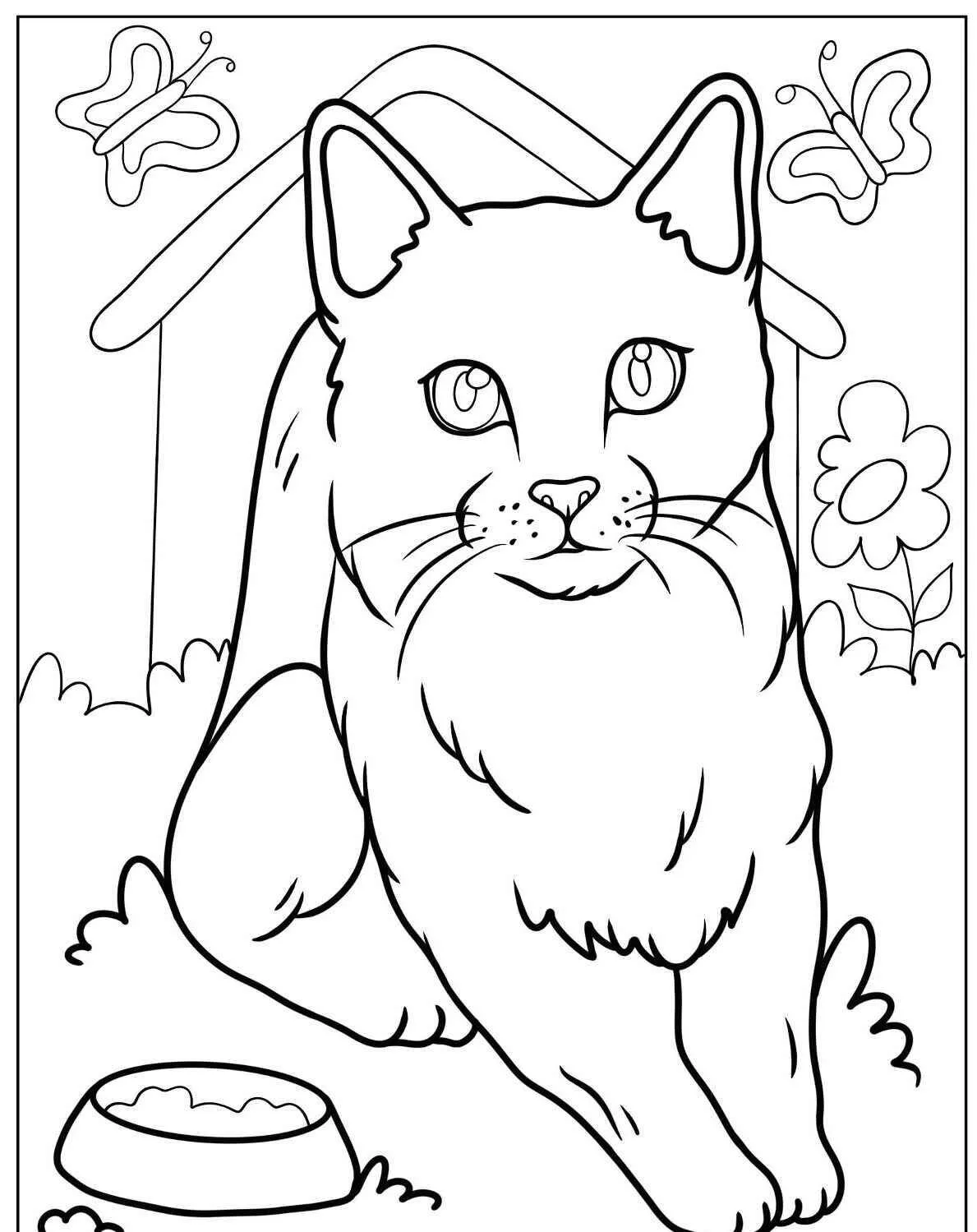 Dibujo de Gato jugando en el jardín con mariposas para colorear