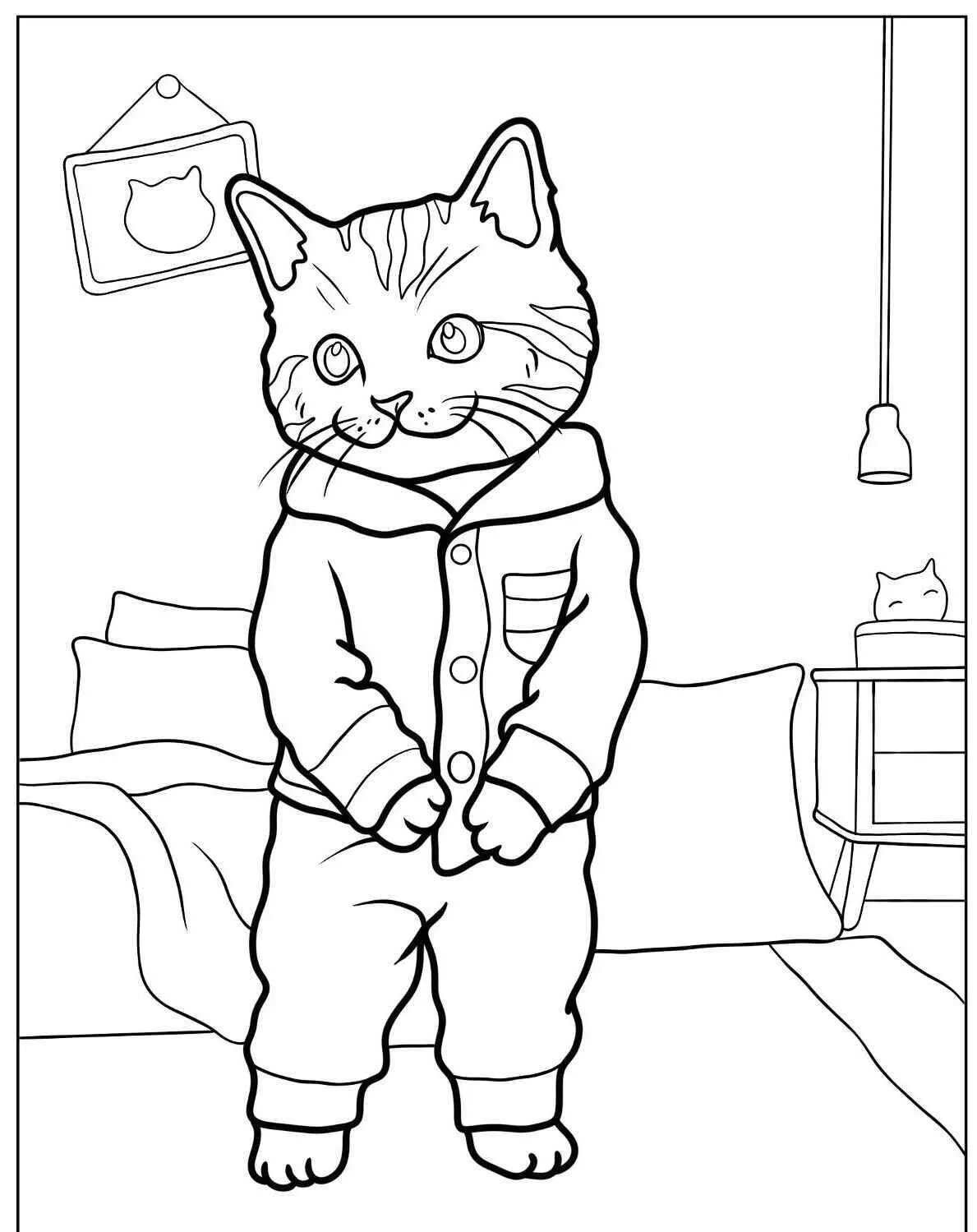 Página para colorear de gato vestido con pijama
