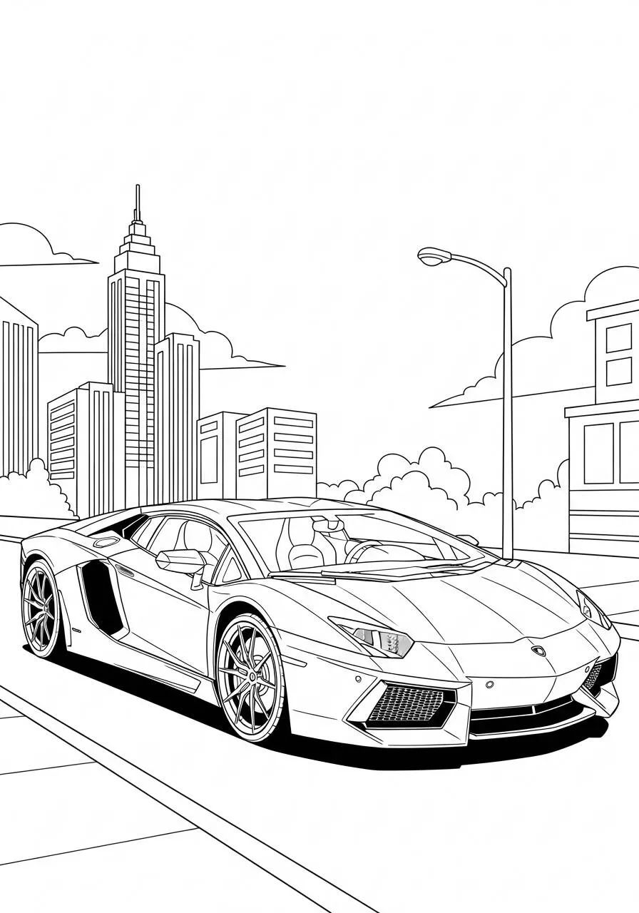 Desenho de Lamborghini Aventador na Cidade para Colorir