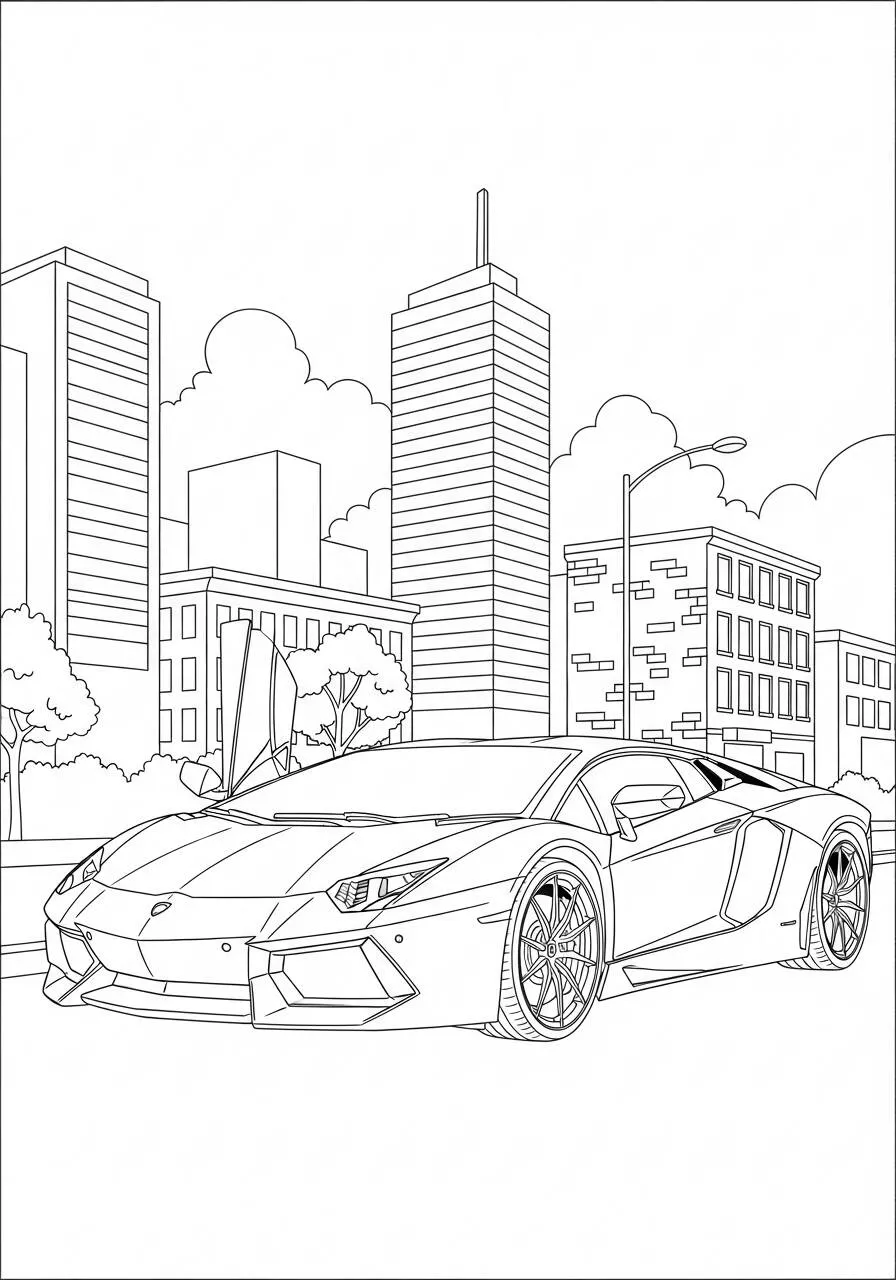 Desenho de Lamborghini Aventador em Cenário Urbano para Colorir
