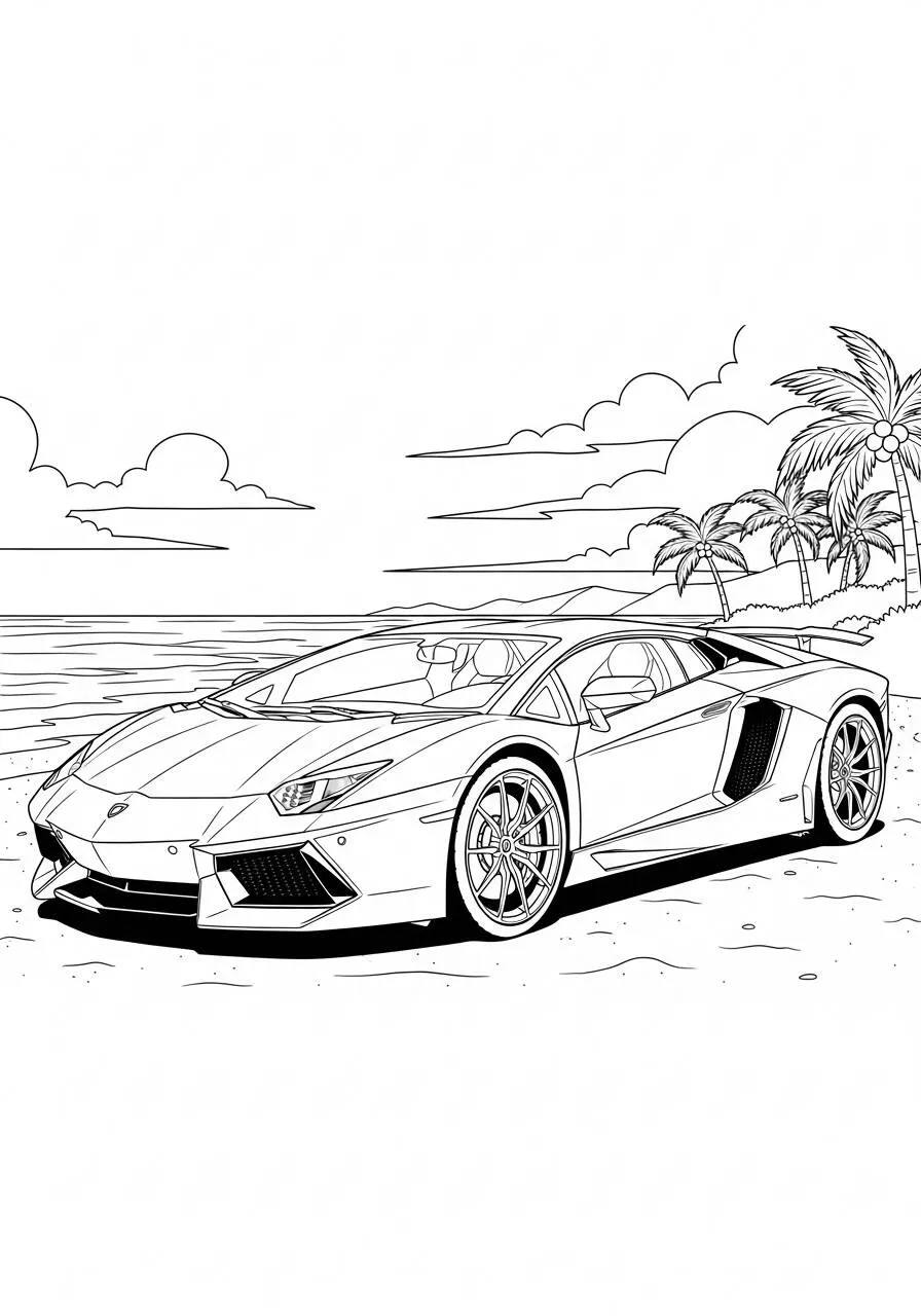 Desenho de Lamborghini Aventador na Praia para Colorir
