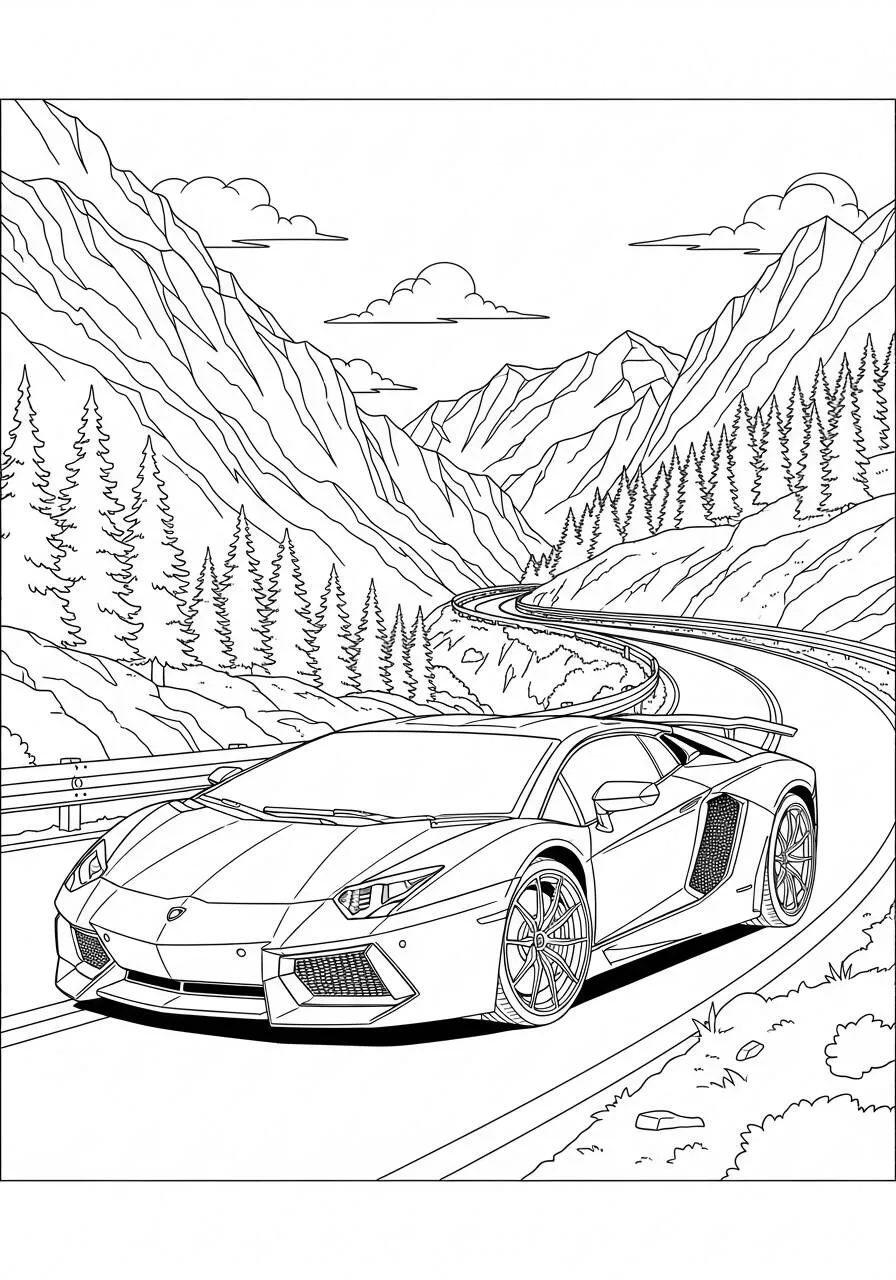 Desenho de Lamborghini Aventador em Paisagem Montanhosa para Colorir