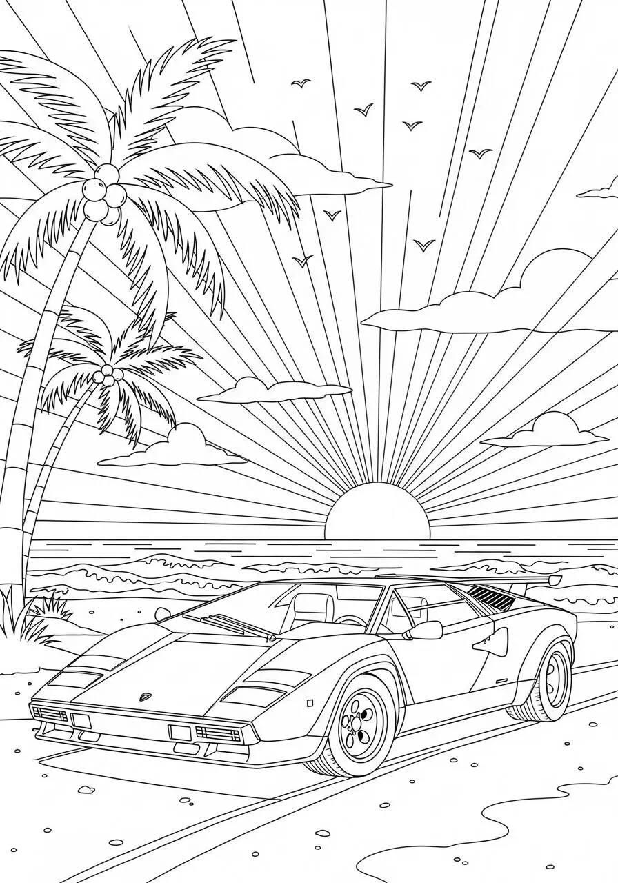 Desenho de Lamborghini Countach na Praia para Colorir