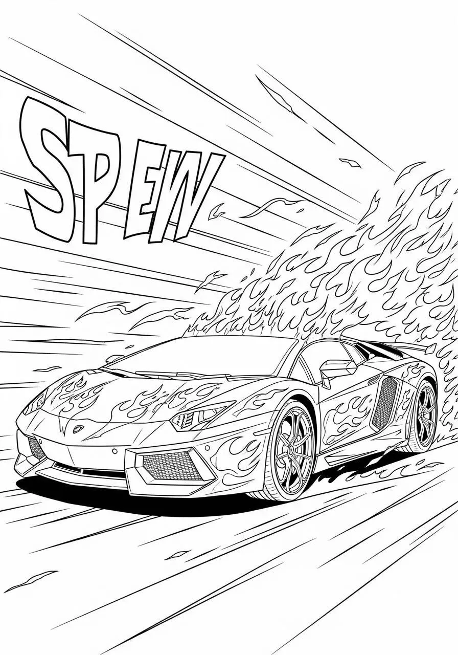 Desenho de Lamborghini Aventador com Chamas para Colorir