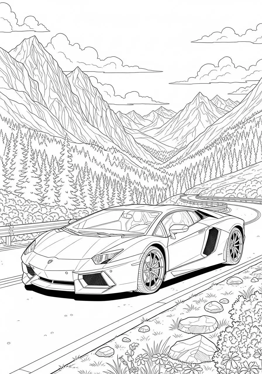 Desenho de Lamborghini Aventador em Paisagem Montanhosa para Colorir