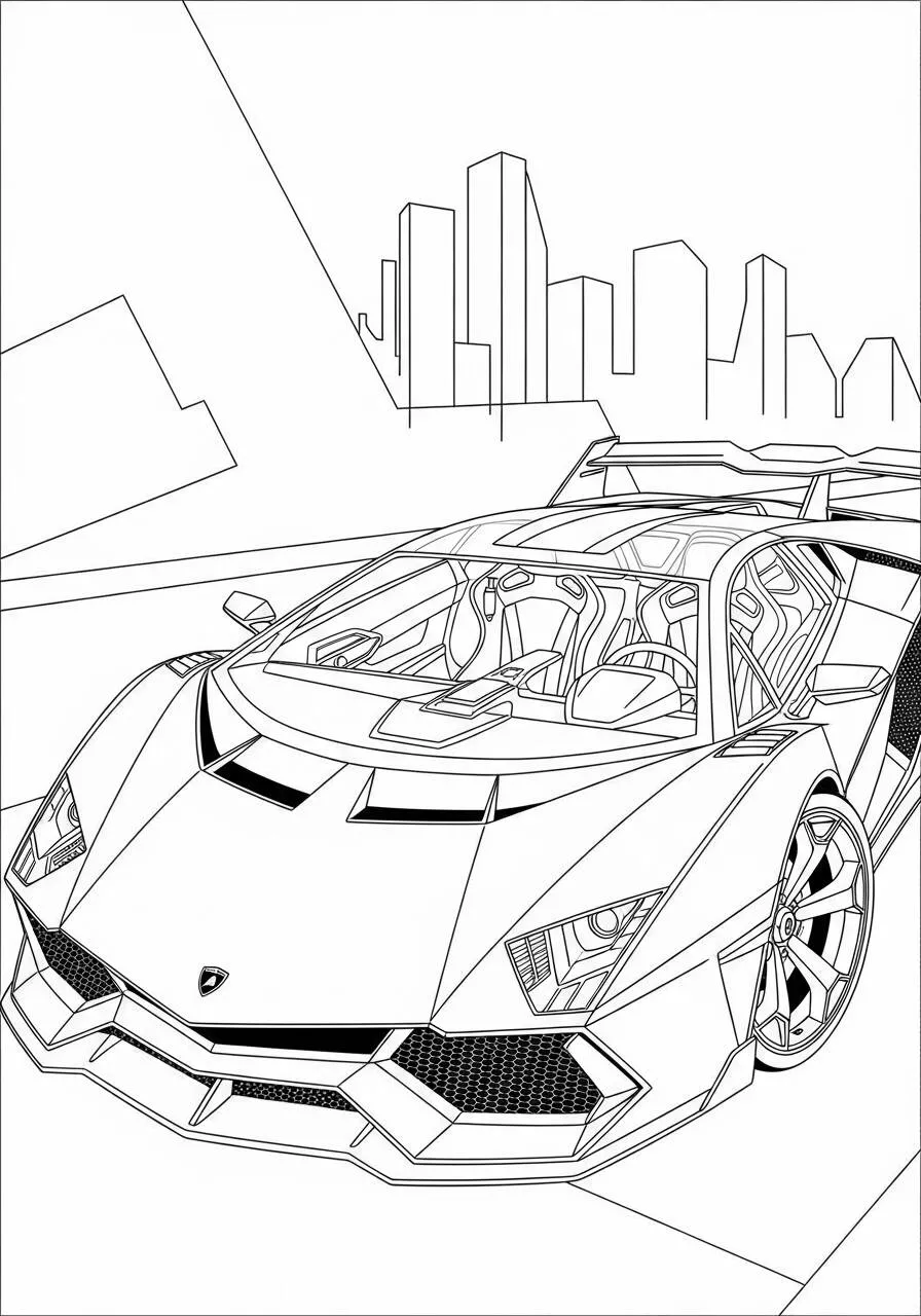 Desenho de Lamborghini Aventador em Cenário Urbano para Colorir