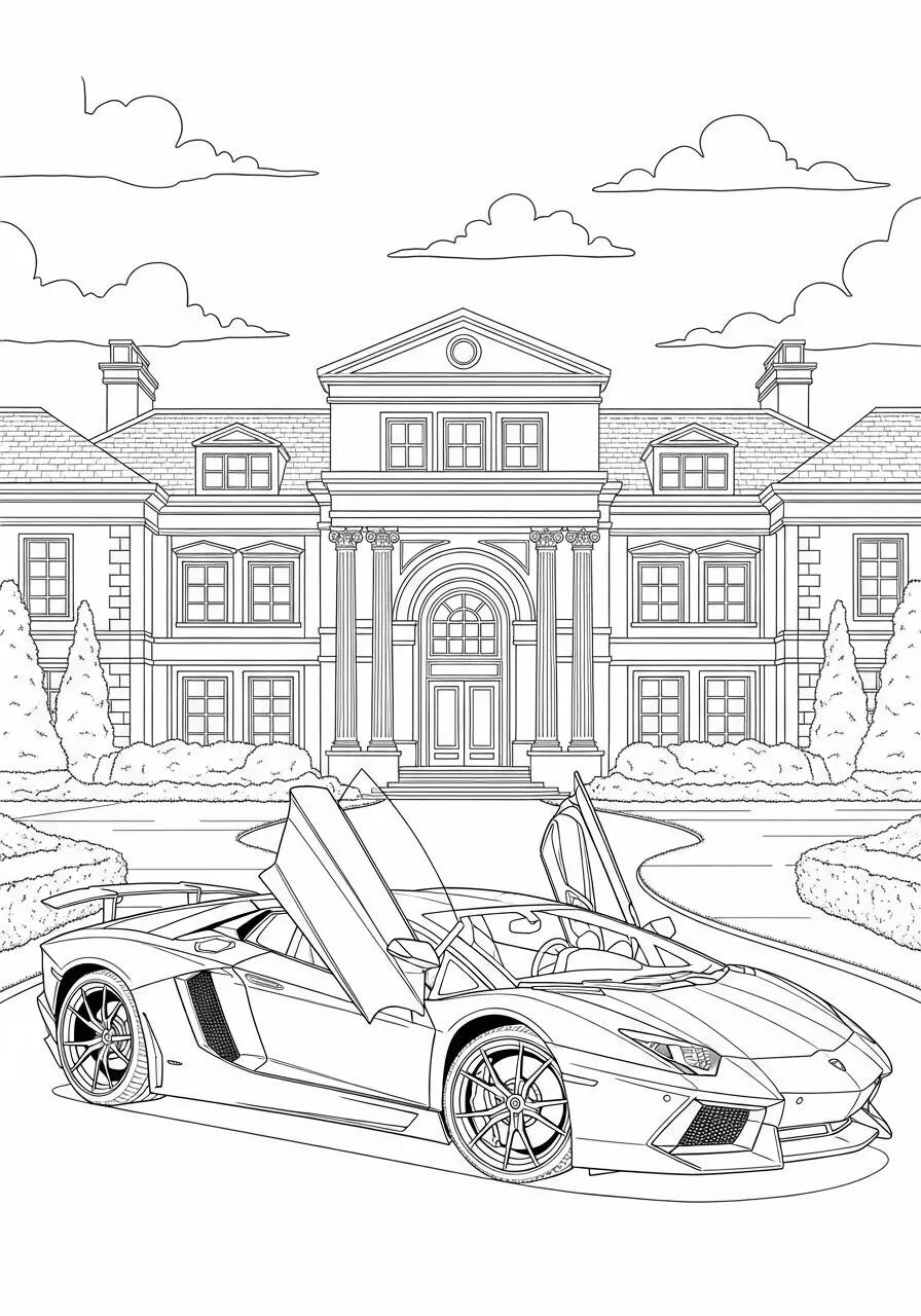 Desenho de Lamborghini Aventador com Casa de Luxo para Colorir