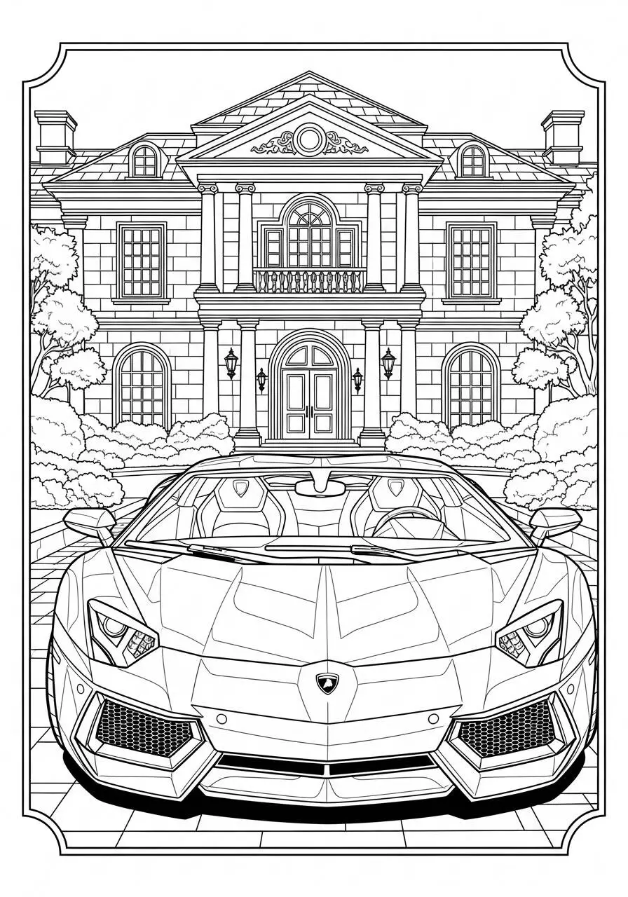 Desenho de Lamborghini Aventador em Frente a uma Mansão para Colorir