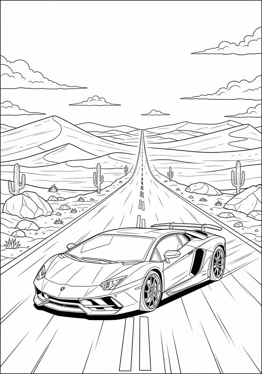 Desenho de Lamborghini Aventador na Estrada do Deserto para Colorir