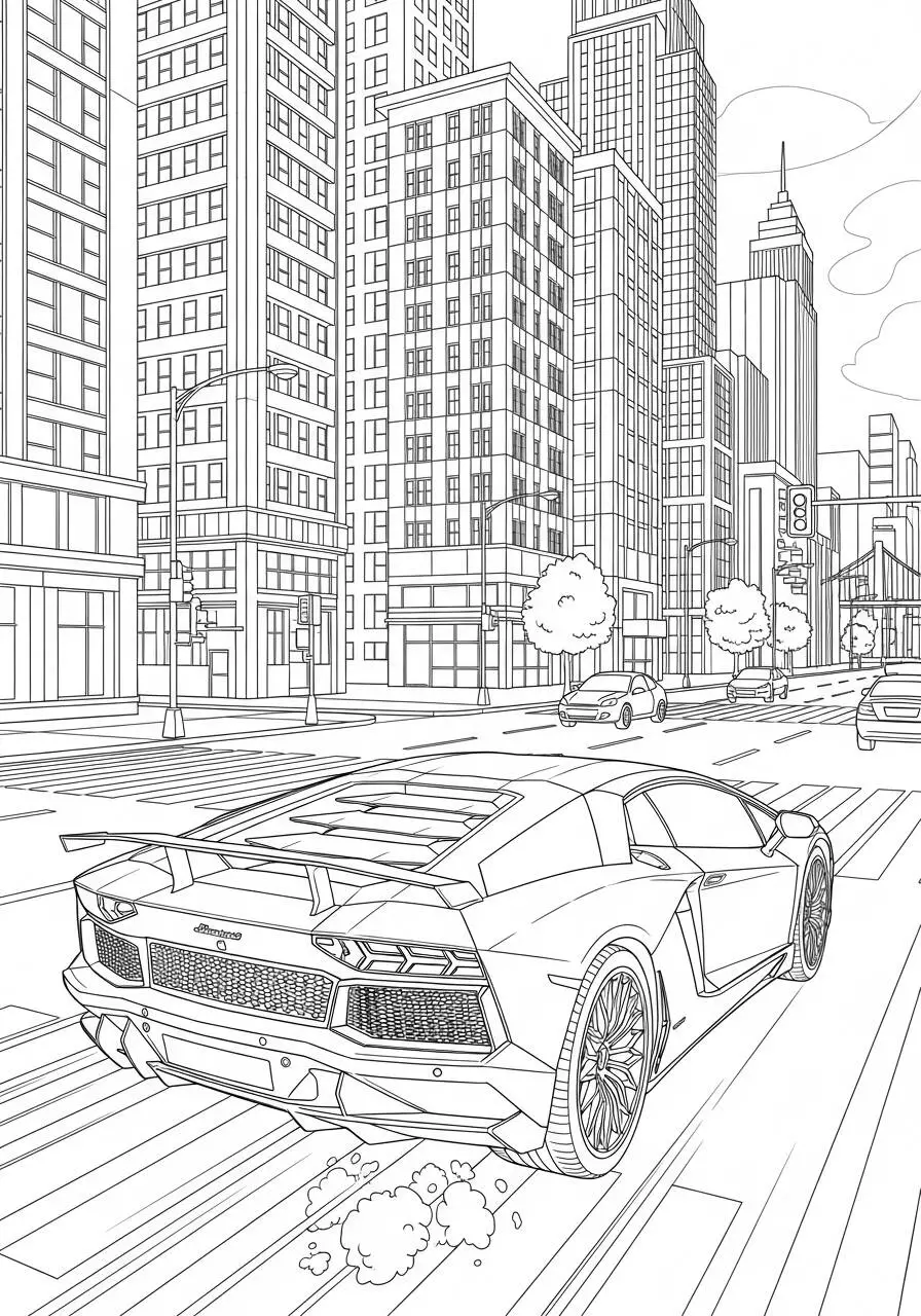 Desenho de Lamborghini Aventador na Cidade para Colorir