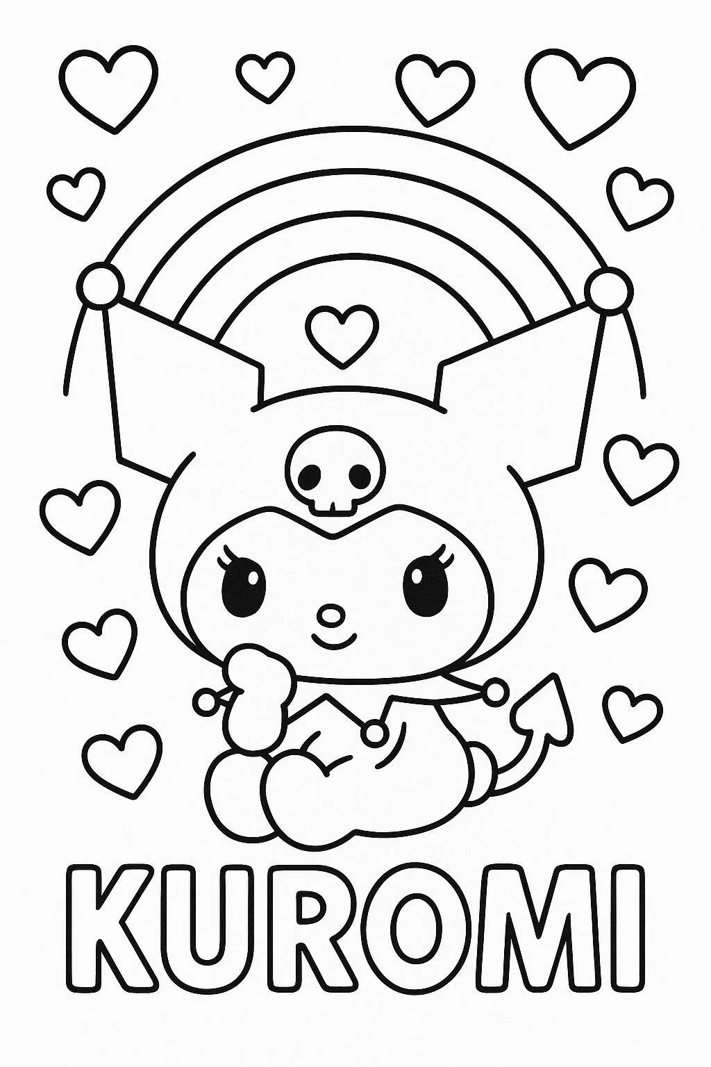 Desenho de Kuromi com Arco Íris e Corações para Colorir