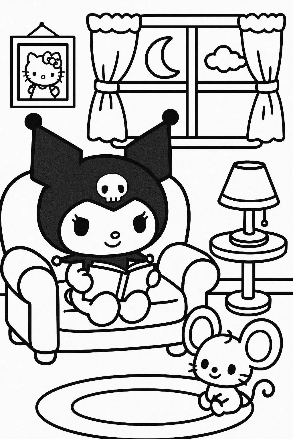 Desenho de Kuromi Lendo um Livro para Colorir