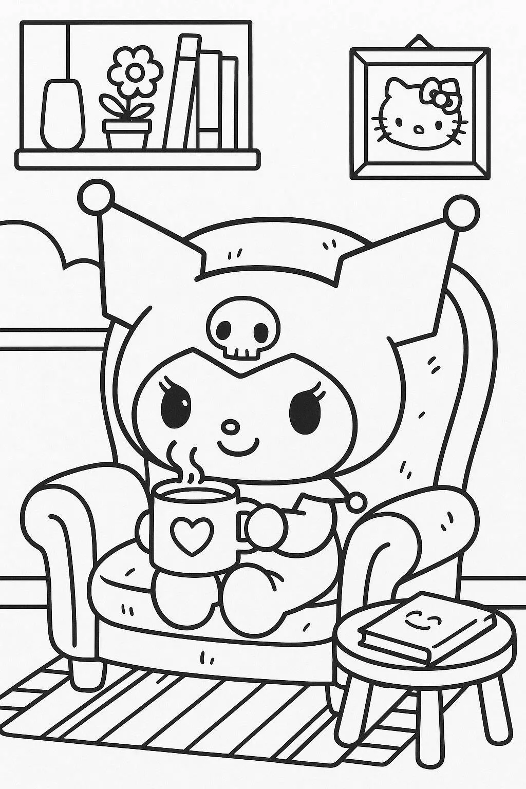 Desenho de Kuromi Relaxando com uma Caneca para Colorir