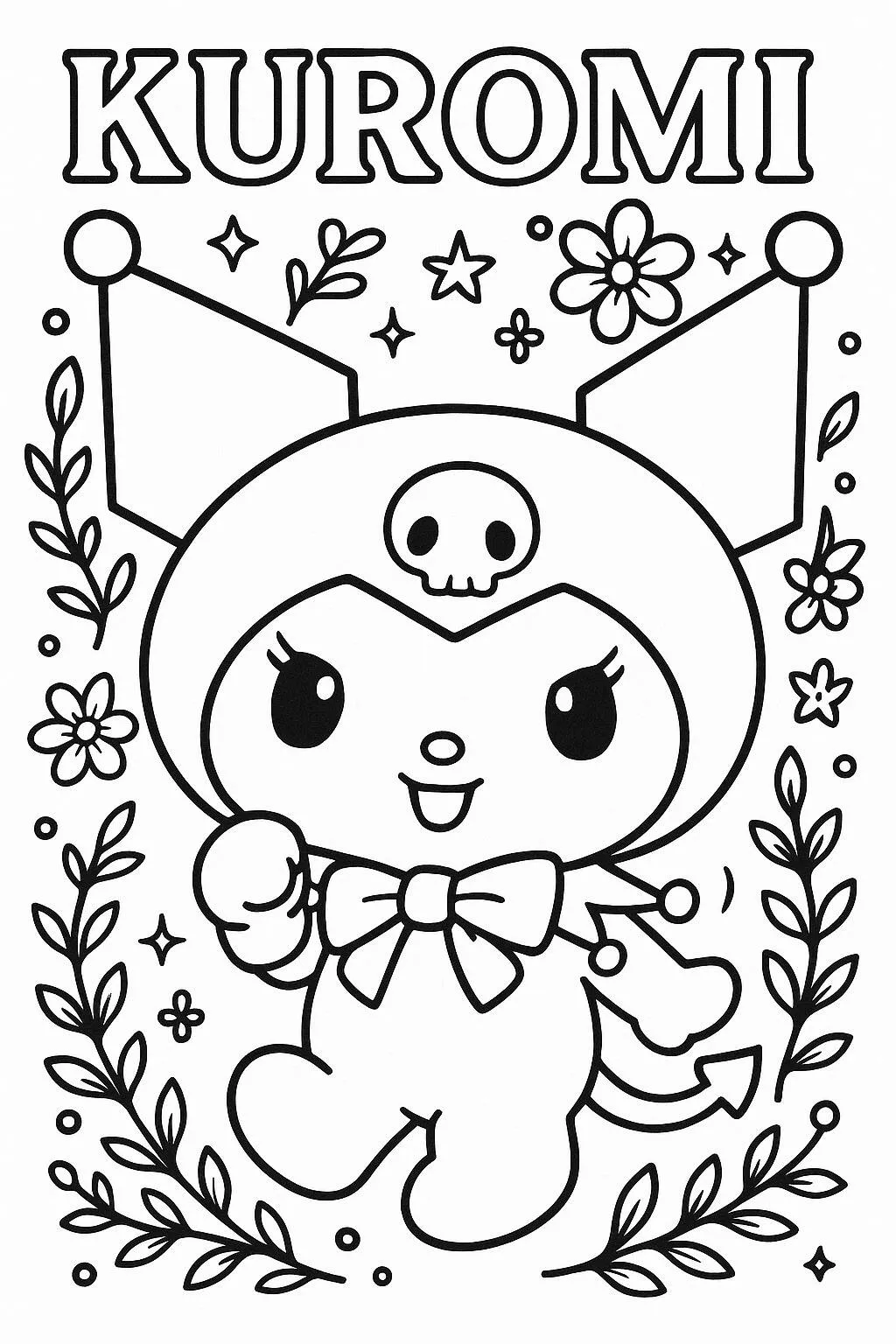 Desenho de Kuromi Fofa com Flores para Colorir