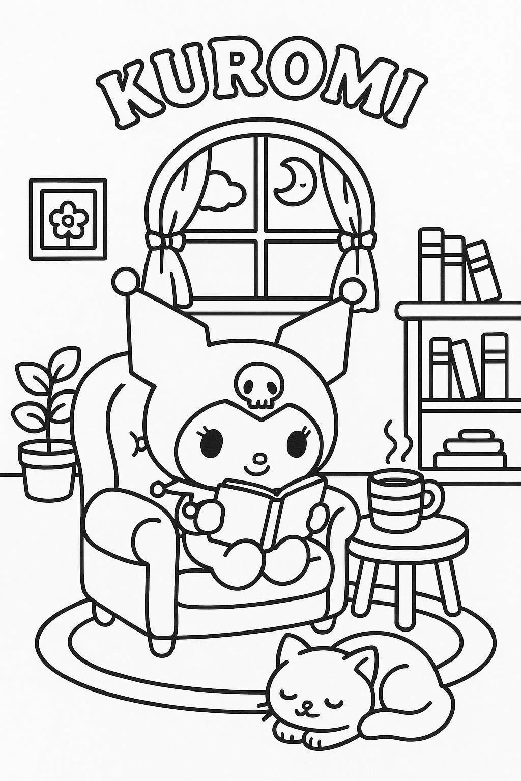 Desenho de Kuromi Lendo em Casa para Colorir