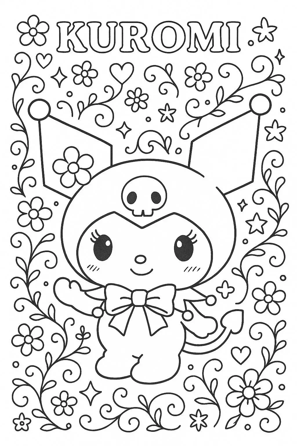 Desenho de Kuromi com Flores para Colorir