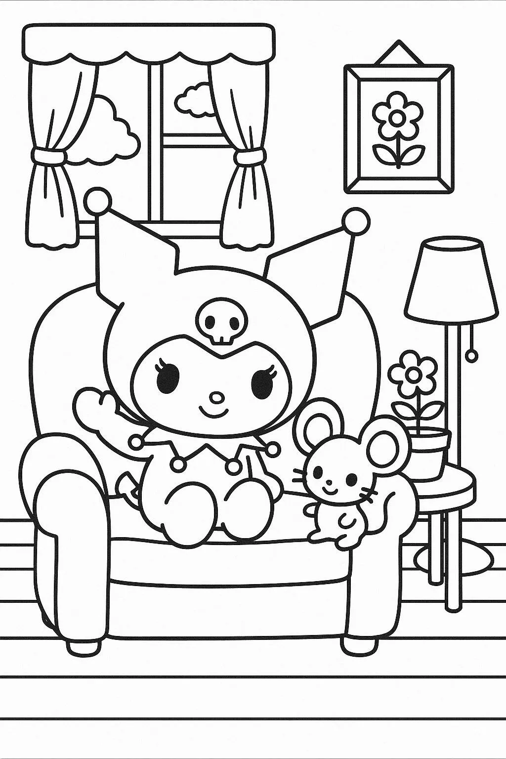 Desenho de Kuromi Relaxando em Casa para Colorir