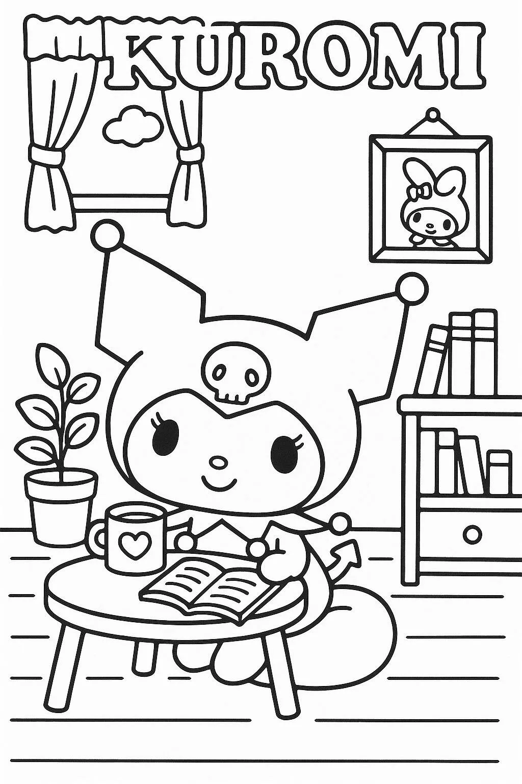 Desenho de Kuromi Lendo um Livro para Colorir