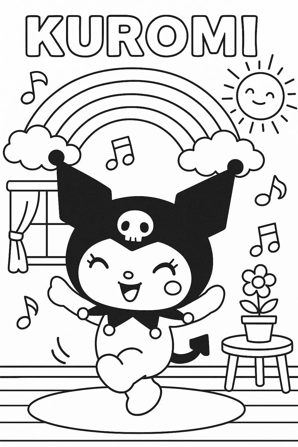 Desenho de Kuromi Feliz com Arco Íris para Colorir