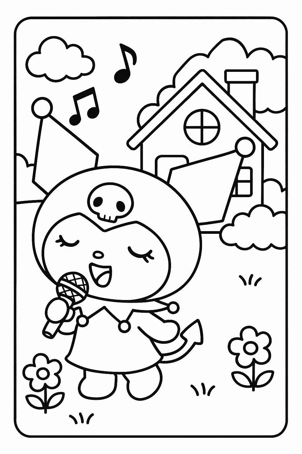 Desenho de Kuromi Cantando com Microfone para Colorir