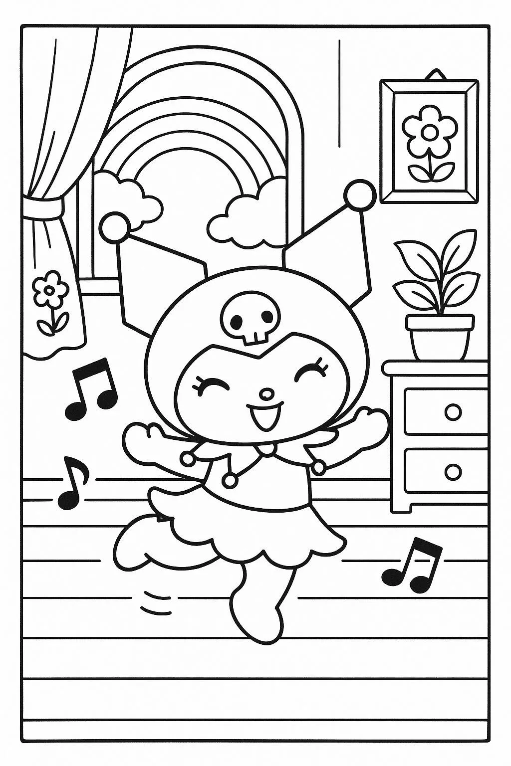 Desenho de Kuromi Dançando em um Quarto para Colorir
