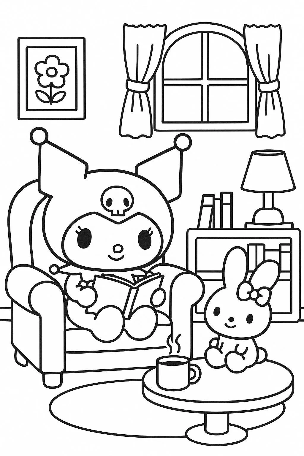 Desenho de Kuromi Lendo com seu Coelho para Colorir