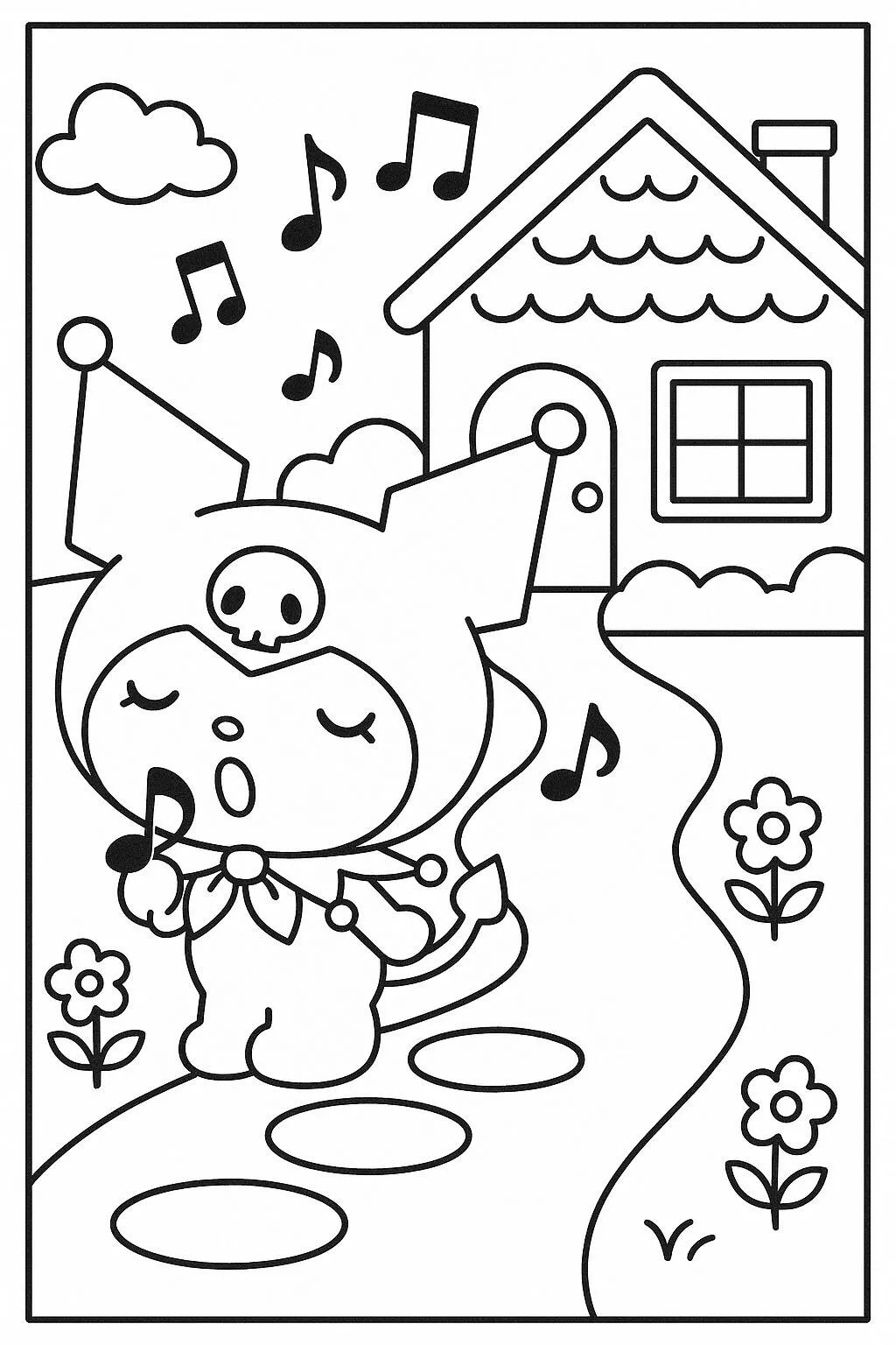 Desenho de Kuromi Cantando na Rua para Colorir