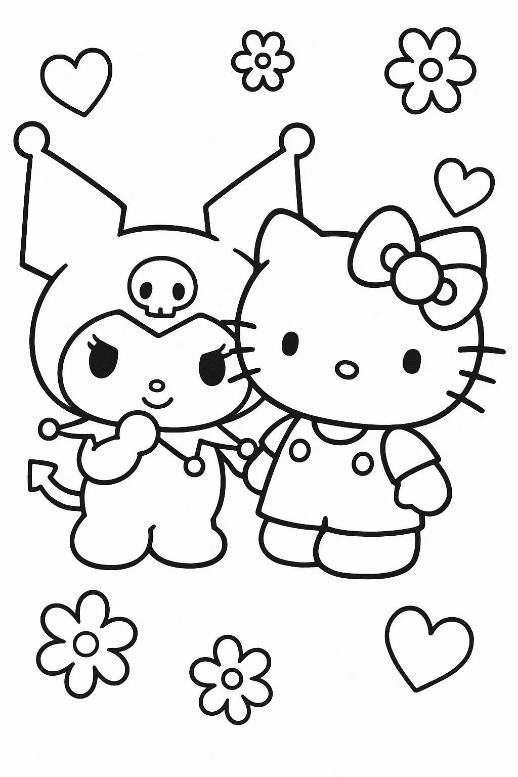 Desenho de Kuromi e Hello Kitty para Colorir