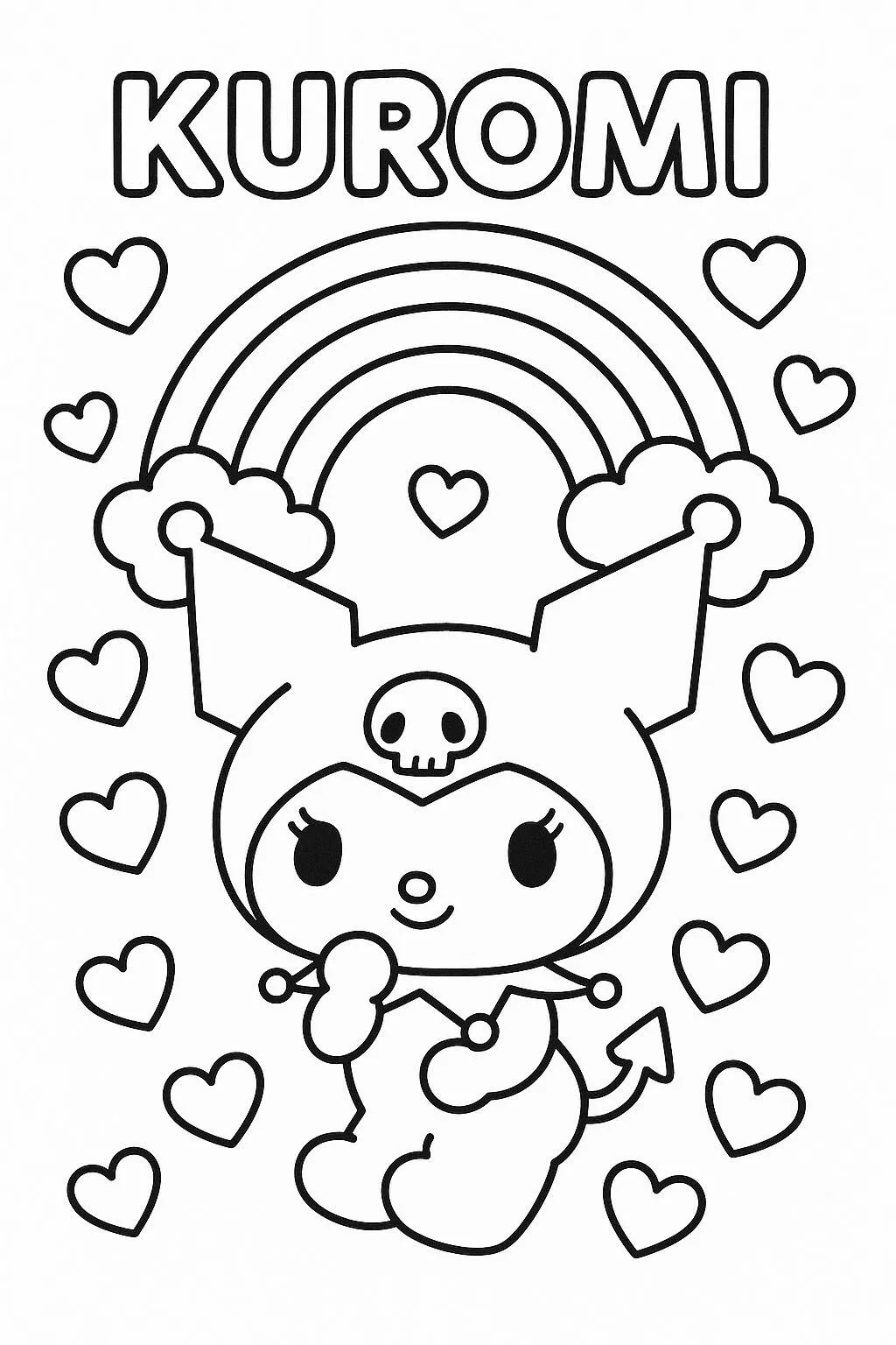 Desenho de Kuromi com Arco Íris e Corações para Colorir