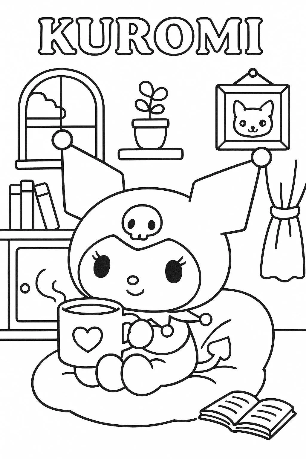 Desenho de Kuromi Relaxando com uma Caneca para Colorir