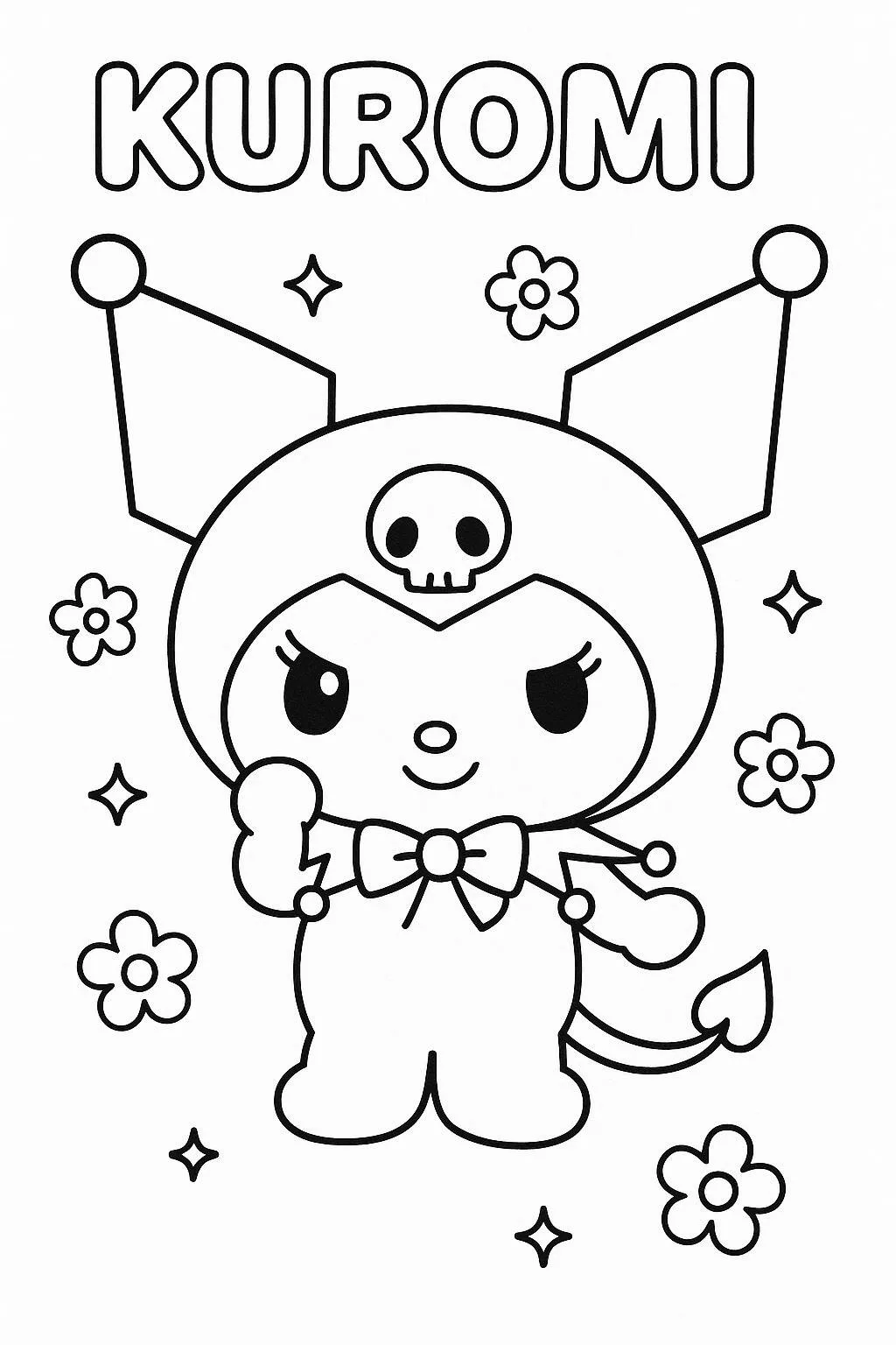 Desenho de Kuromi Fofa com Flores para Colorir