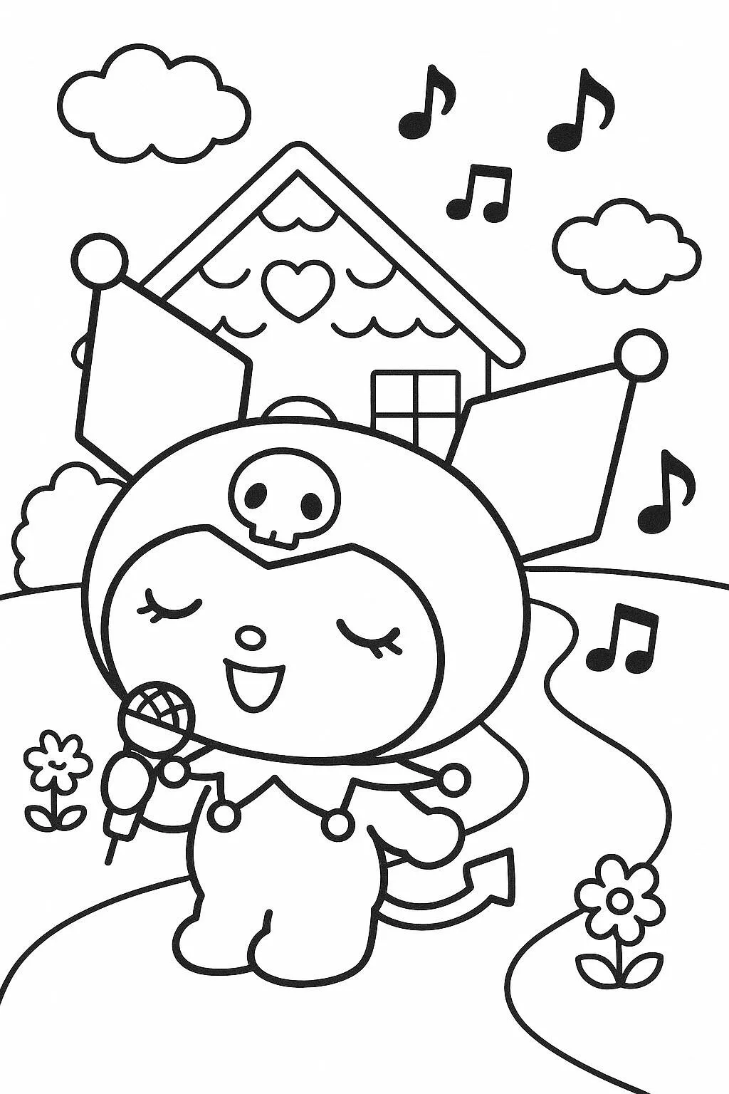 Desenho de Kuromi Cantora com Microfone para Colorir