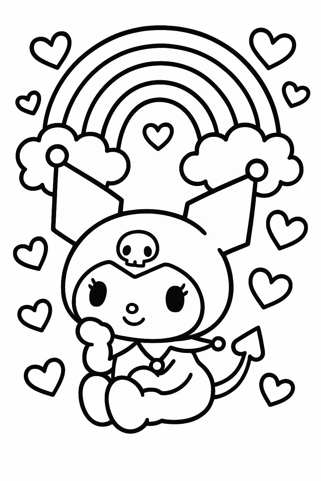 Desenho de Kuromi com Arco Íris e Corações para Colorir