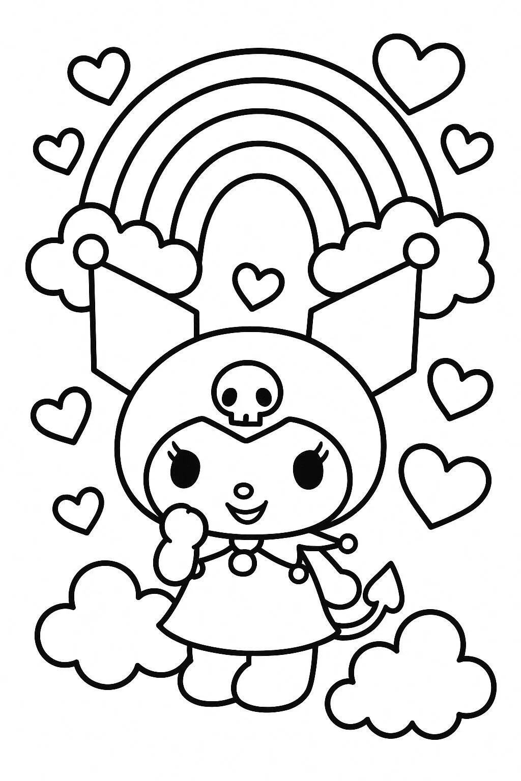 Desenho de Kuromi com Arco Íris e Corações para Colorir